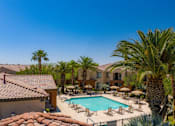 Thumbnail 5 of 11 - A pool surrounded by palm trees and chairs.
