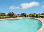 Thumbnail 16 of 24 - A large outdoor swimming pool surrounded by red chairs and greenery.
