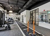 Thumbnail 4 of 26 - A gym with a variety of equipment including treadmills, weights, and exercise machines.