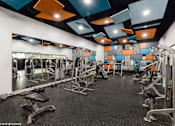 Thumbnail 39 of 46 - A gym with a variety of equipment including a squat rack, a bench press, and a leg press at Island Club Apartments, Columbus, 43235