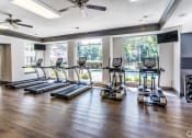 Thumbnail 3 of 9 - the preserve at ballantyne commons fitness room with cardio equipment and windows at The Grove Germantown Apartments, Tennessee, 38138