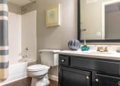 Thumbnail 11 of 55 - a bathroom with a toilet and a sink and a mirror at Water Ridge Apartments, Irving, Texas