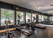 Thumbnail 26 of 55 - the gym has plenty of exercise equipment and views of the trees at Water Ridge Apartments, Irving, Texas