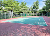 Thumbnail 6 of 18 - A tennis court surrounded by trees and a fence.
