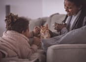 Thumbnail 8 of 9 - A woman with braided hair is petting a cat while sitting on a couch.