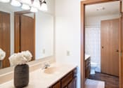 Thumbnail 17 of 18 - A bathroom with a sink, mirror, and toilet. Fargo, ND Cedars 4 Apartments