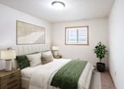 Thumbnail 6 of 18 - A bedroom with a bed, nightstand, and a plant. Fargo, ND Cedars 4 Apartments