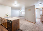 Thumbnail 13 of 18 - A kitchen with wooden cabinets and a white sink. Fargo, ND Cedars 4 Apartments