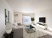 Thumbnail 1 of 17 - A living room with a grey couch, a black and white coffee table, a white television, and a plant. Fargo, ND Fieldstone Apartments