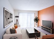 Thumbnail 1 of 10 - A living room with a white couch, a coffee table, a television, and a plant. Fargo, ND Carr Apartments