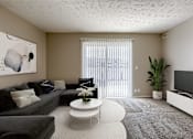 Thumbnail 1 of 34 - A living room with a grey couch, a white coffee table, and a painting on the wall. Omaha, NE Evergreen Terrace Apartments