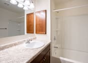 Thumbnail 20 of 39 - A bathroom with a sink and a mirror. Grand Forks, ND Columbia West Apartments