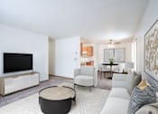 Thumbnail 4 of 30 - A living room with a television, a sofa, a chair, a table, and a cabinet. Fargo, ND Long Island Apartments