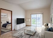 Thumbnail 1 of 24 - A living room with a white couch and a black television.