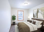 Thumbnail 6 of 25 - A bedroom with a bed, a potted plant, and a window. Fargo, ND Park Place Apartments
