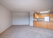 Thumbnail 13 of 20 - Empty room with a kitchenette and carpeted floor. Fargo, ND East Bridge Apartments