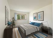 Thumbnail 3 of 7 - Bismarck, ND Bradbury Apartments. a bedroom with blue accents. The large window brightens the interior with natural light. The bed, dresser, and wall art make for a comforting appearance.