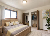 Thumbnail 6 of 7 - Bismarck, ND Eagle Sky II. A bedroom that features a comfortable bed with neatly arranged bedding and a serene ambiance. Soft lighting creates a relaxing atmosphere, providing a peaceful space for rest and rejuvenation.