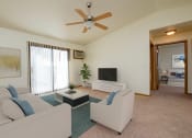 Thumbnail 5 of 26 - a living room with a couch, coffee table, and tv with a glass sliding door with plenty of natural light.Fargo, ND Bridgeport Apartments