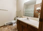 Thumbnail 9 of 11 - Grand Forks, ND Carling Manor Apartments. a bathroom with a toilet sink and mirror