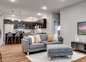 Thumbnail 32 of 83 - a living room with a couch and a chair in front of a kitchen. Circle Pines, MN Lexington Lofts