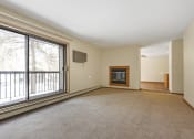 Thumbnail 13 of 29 - Anoka, MN Dellwood Estates Apartments. a living room with a fireplace and a large window