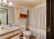 Thumbnail 11 of 28 - A bathroom with a shower toilet and sink and a mirror. Fargo, ND Eagle Run Apartments.
