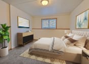 Thumbnail 3 of 10 - a bedroom with a bed and a potted plant. Fargo, ND Alden Pines Apartments