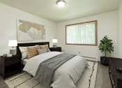 Thumbnail 3 of 34 - Fargo, ND Islander Apartments. A bedrooom with dark wood furnishings such as a bed, night stands, and a dresser. A window brightens the room with natural light