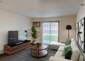Thumbnail 1 of 49 - Fargo, ND Lake Crest Apartments. A living room with beige walls and a sliding glass door