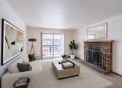 Thumbnail 1 of 14 - a living room with a fireplace and a couch and a table. Fargo, ND Plumtree Apartments
