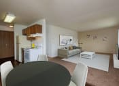 Thumbnail 5 of 22 - a living room and dining room with a black table and chairs and a white kitchen. Fargo, ND Sargent Apartments