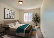 Thumbnail 4 of 10 - a bedroom with a bed and a potted plant. Fargo, ND Sterling Park Apartments