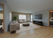 Thumbnail 2 of 45 - a living room with a rug and a couch and a television. Fargo, ND Urban Plains Apartments