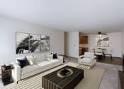 Thumbnail 2 of 15 - a living room with a couch and a coffee table and a dining room. Fargo, ND Windsor Apartments