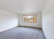 Thumbnail 11 of 33 - an empty living room with a window and carpet. Fargo, ND Brownstone Apartments