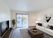 Thumbnail 1 of 23 - an open living room with a white couch and a tv and a sliding glass door. Fargo, ND Flagstone Apartments
