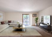 Thumbnail 1 of 14 - a living room with a large couch, coffee table, tv, and glass sliding door. Fargo, ND Kentwood Manor Apartments