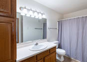 Thumbnail 18 of 31 - a bathroom with a shower toilet and sink and a mirror. Fargo, ND Oxford Apartments