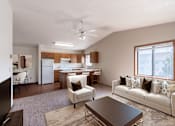 Thumbnail 2 of 19 - a living room and kitchen with a couch and a table. Fargo, ND Rosegate Apartments
