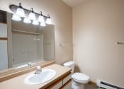 Thumbnail 47 of 61 - a bathroom with a sink and a mirror and a toilet. Fargo, ND West Lake Apartments