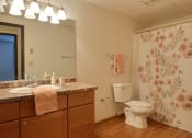 Thumbnail 15 of 25 - a bathroom with a shower curtain and a sink and a toilet. at France, Fargo