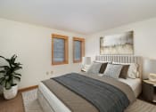 Thumbnail 2 of 19 - a bedroom with a bed, night stands, and two small windows. Golden Valley, MN Valley View Apartments | 11B | Bedroom