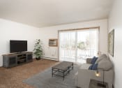 Thumbnail 1 of 23 - Grand Forks, ND Riverwood Apartments. A living room with a couch and a tv and a balcony