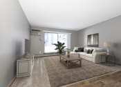 Thumbnail 1 of 32 - Maplewood, MN Maplewood Apartments. A living room with a white couch, coffee table, and tv with a sliding glass door that illuminates the room