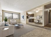 Thumbnail 2 of 32 - Georgetown on the River Apartments, Fridley, MN, 55432 a living room with a couch table and chairs and a kitchen in the background