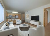 Thumbnail 2 of 18 - a living room with couches and chairs and a television. Moorhead, MN Sandy Creek Apartments