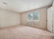 Thumbnail 12 of 34 - Omaha, NE Evergreen Terrace Apartments. A bedroom with a large window and beige carpet