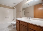 Thumbnail 26 of 27 - Omaha, NE Woodland Pines Apartments. A bathroom with a toilet sink and bathtub