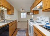 Thumbnail 9 of 20 - the view of a kitchen with a stove top oven and a sink. Fargo, ND Park Circle Apartments.